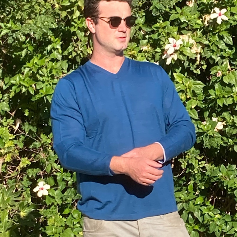 GREYSON Sweater Merino Blend V Neck Activewear Teal Blue New